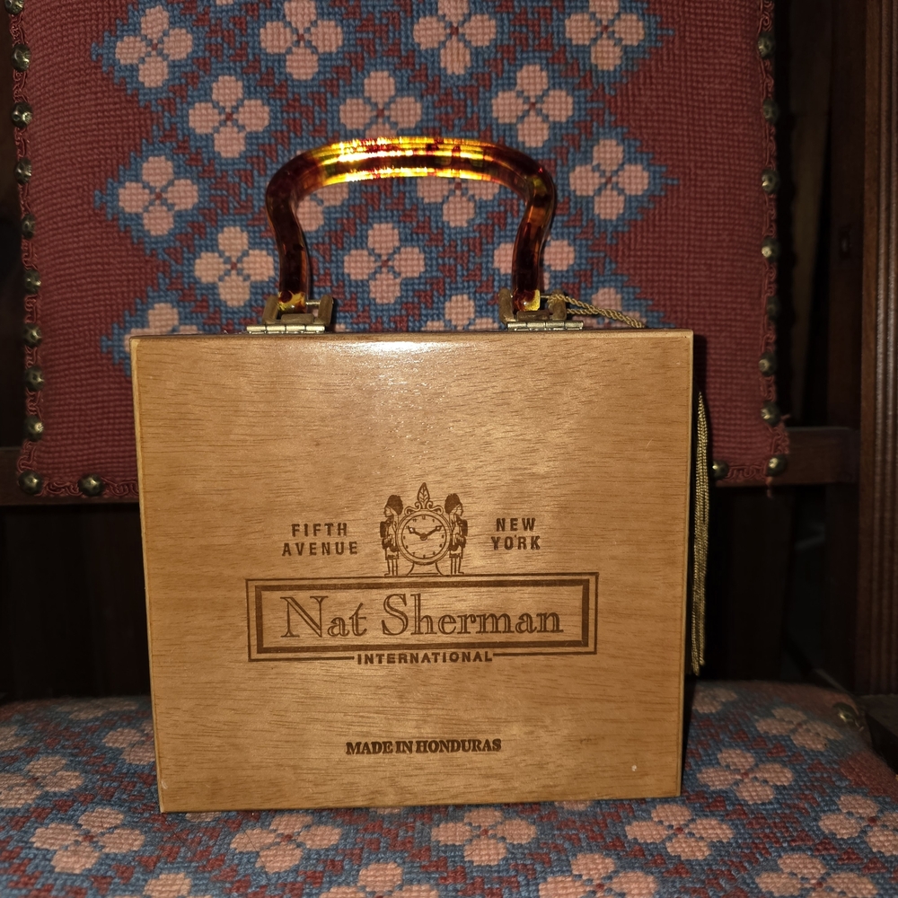 Nat Sherman Wooden Cigar Box Purse with Tortoise Shell Handle